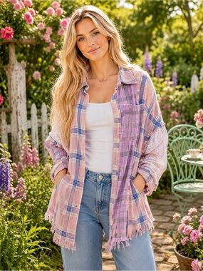 Patchwork Plaid Button-Up Shirt Jacket in Pink & Blue